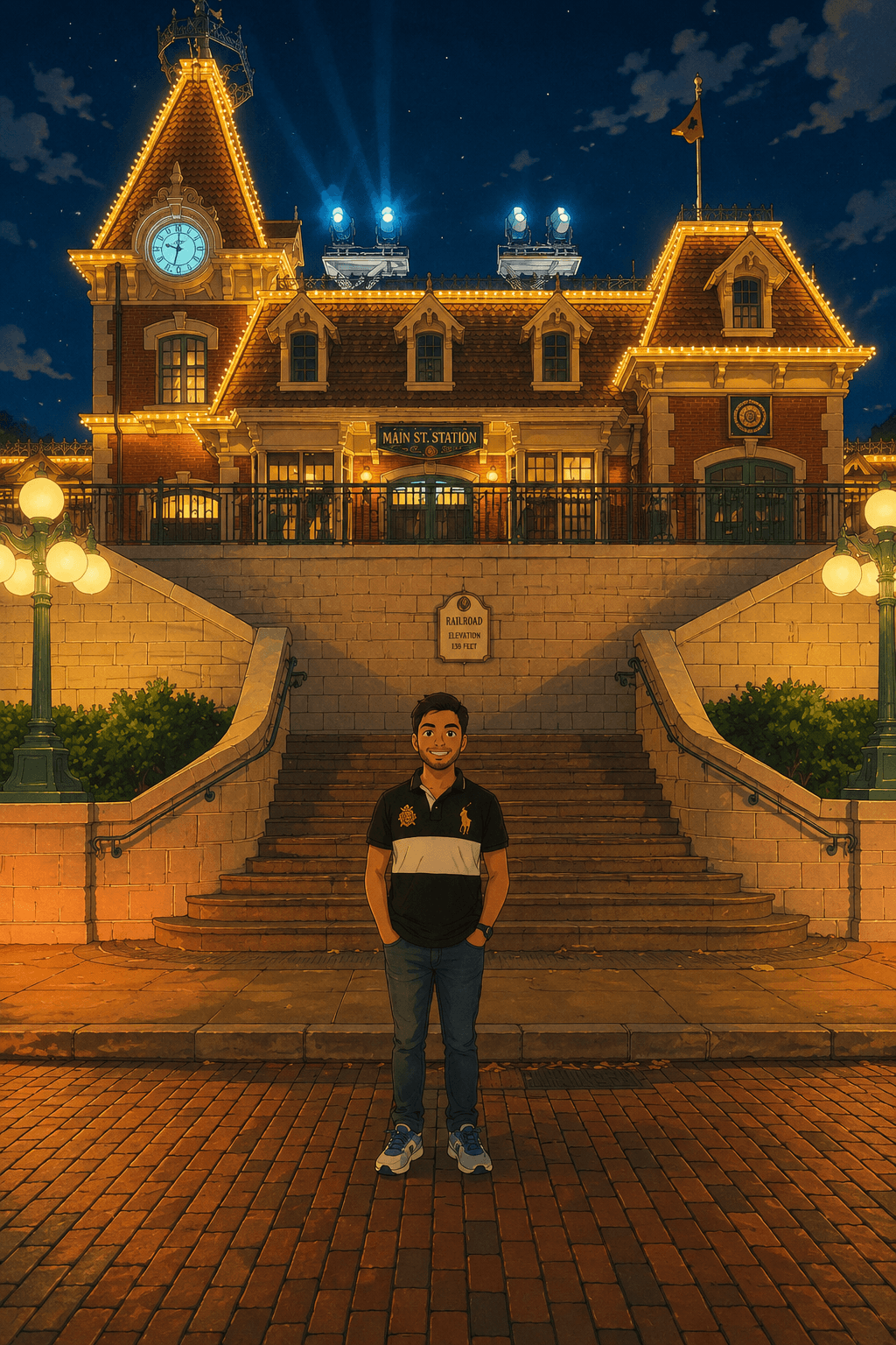 Raahym in front of Main Street Station at night